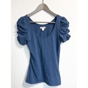 Reiss Betty Top Shirt Puff Sleeve Fitting Scoop Neck Small Blue Stretch Cotton